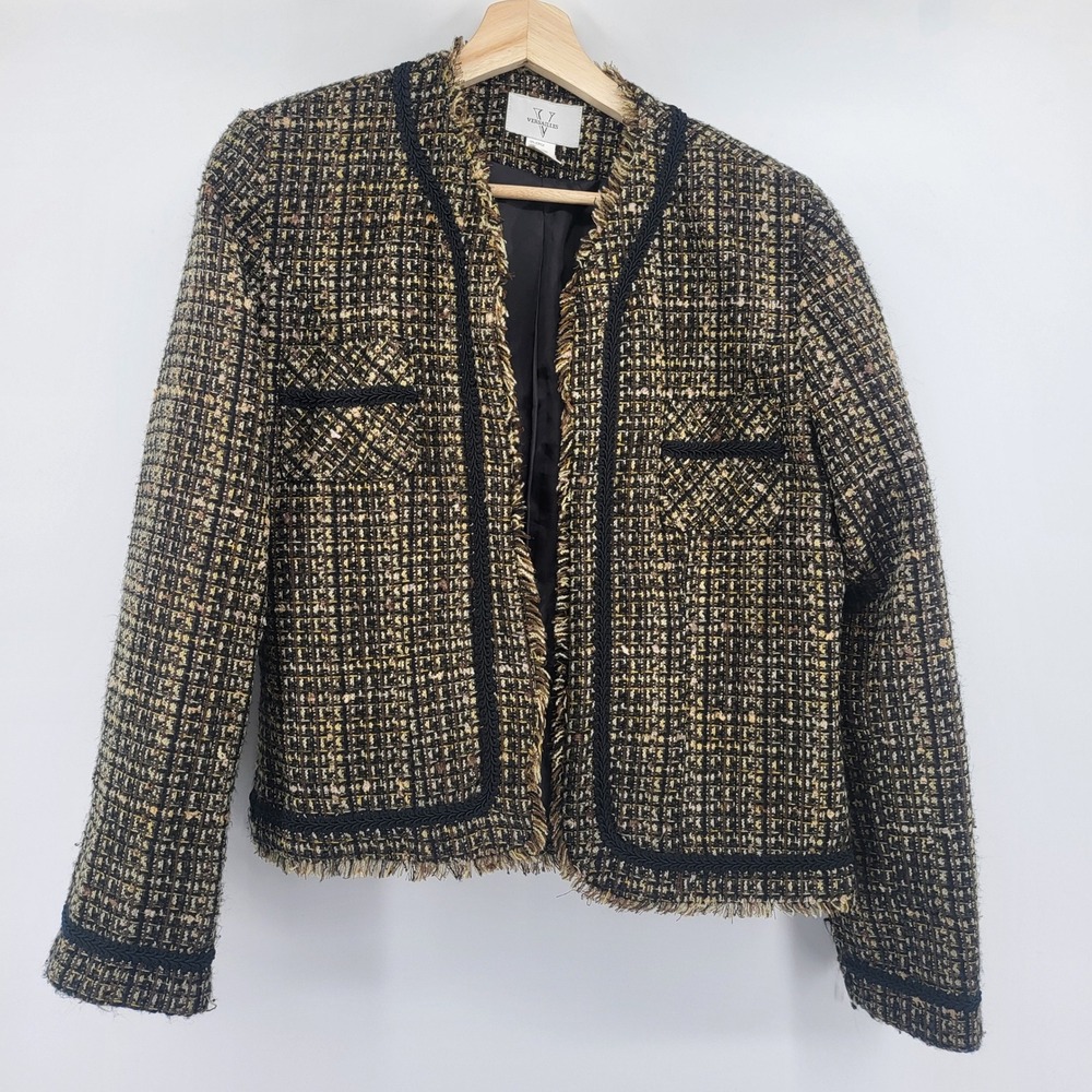 VERSAILLES Women's Gold Black Tweed Fringe Collarless Blazer‎ Jacket Size 10
